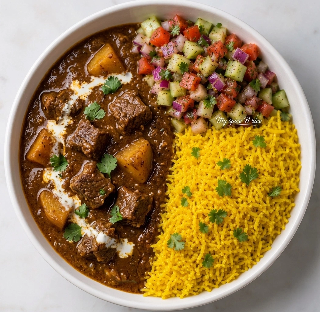 Beef Curry Bowl — rich beef curry on masala rice at My Spice N Rice, Calgary SE