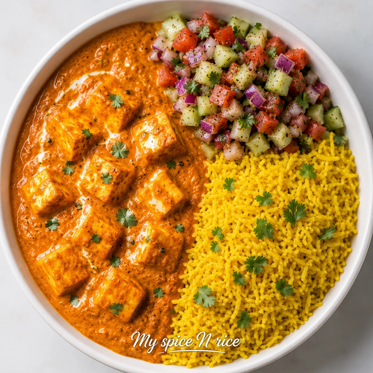 Shahi Paneer Bowl — creamy paneer curry on masala rice at My Spice N Rice, SE Calgary (Vegetarian)